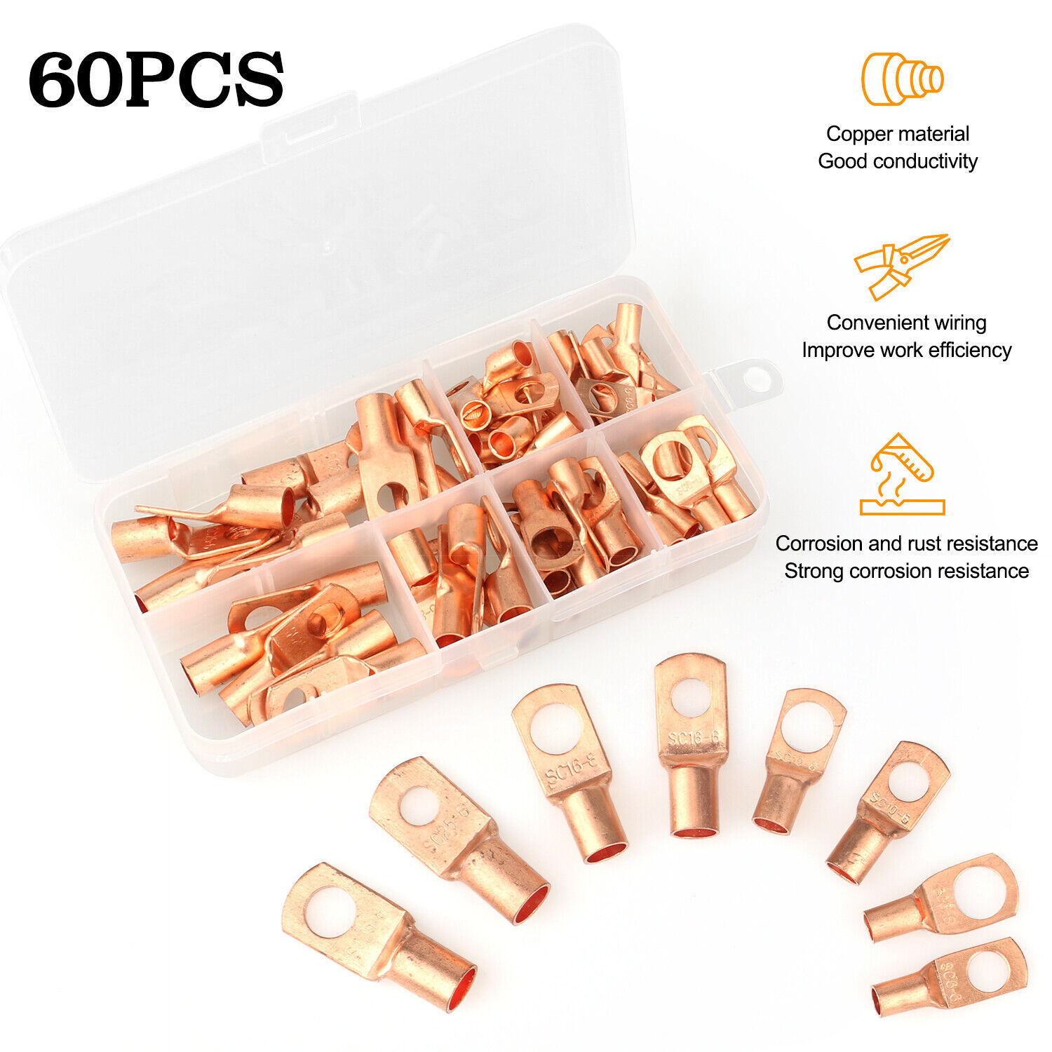 60Pcs Battery Terminals Connectors Copper Ring Wire Ends Lugs Gauge AWG 4 6 8 10