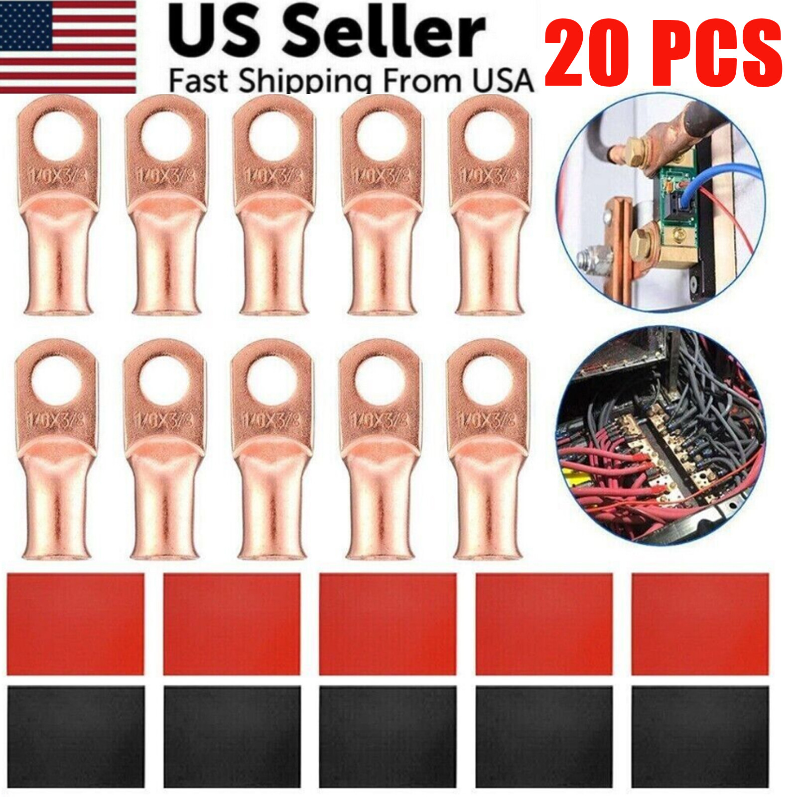 20/40PCS 1/0 AWG Gauge Copper Lugs w/RED & BLACK Heat Shrink Ring Terminals Wire