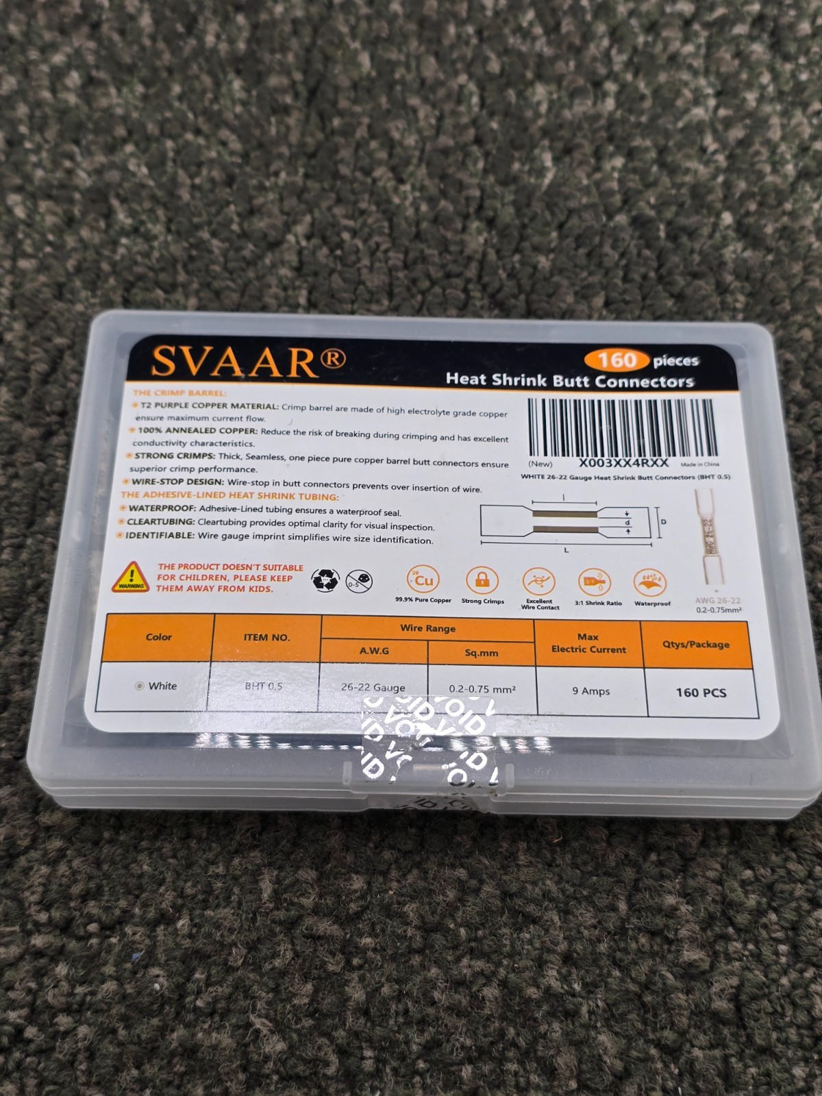 (QTY 160) Svaar White Heat Shrink Butt Connectors 22-26 Gauge BHT 0.5, 1″ Length