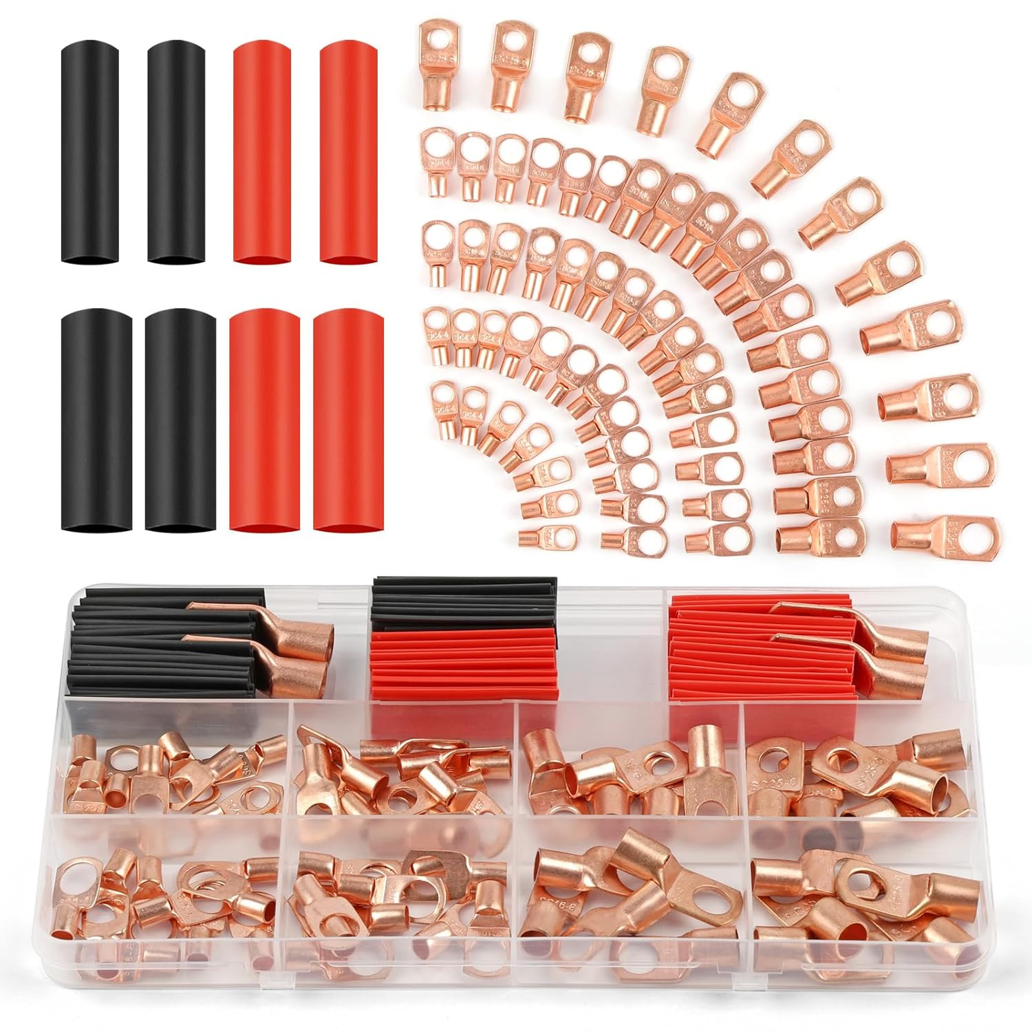 130 Pcs Copper Wire Lugs, 64 Pcs Battery Cable Lugs for AWG 2 4 6 8 10 12 | with
