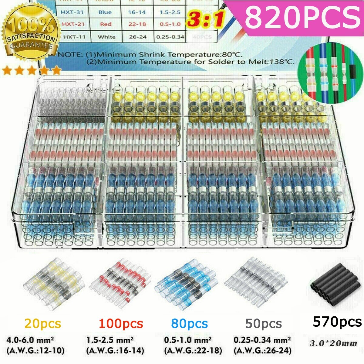 820 Heat Shrink Wire Connectors kit Solder Seal Sleeve Butt Terminals Waterproof