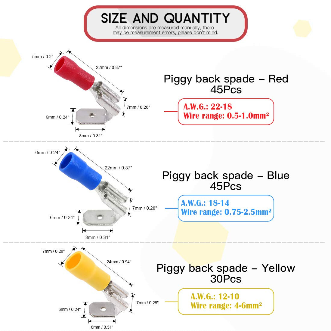 120Pcs 22-16/16-14/12-10AWG Piggy Back Insulated Terminals Electrical Wiring Wir