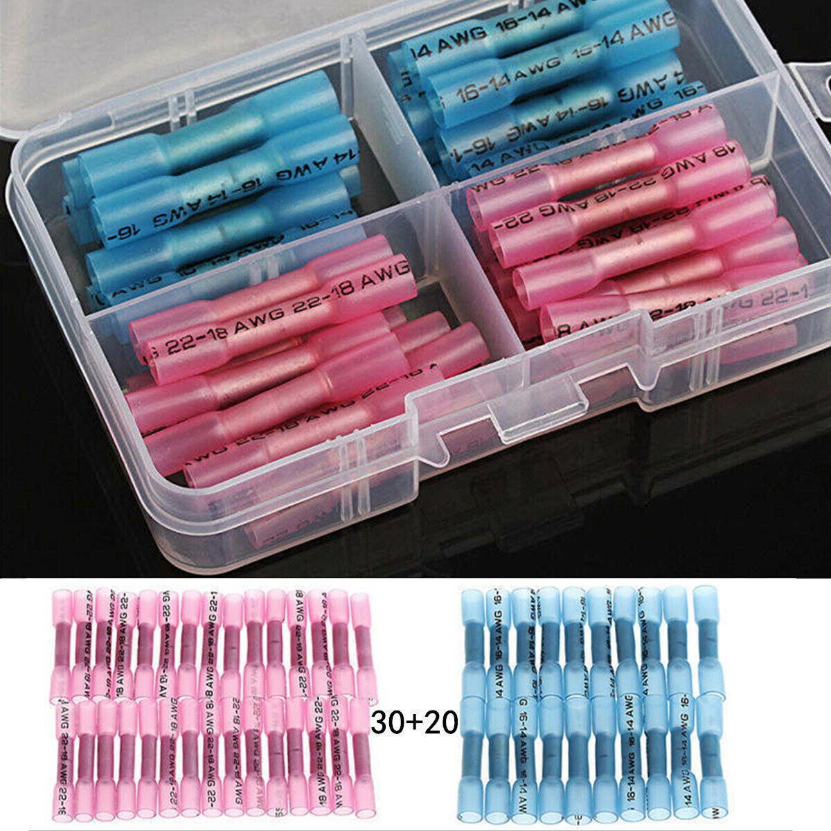 50pcs Heat Shrink Crimp Butt Electrical Wire Splice Terminal Connectors Kit
