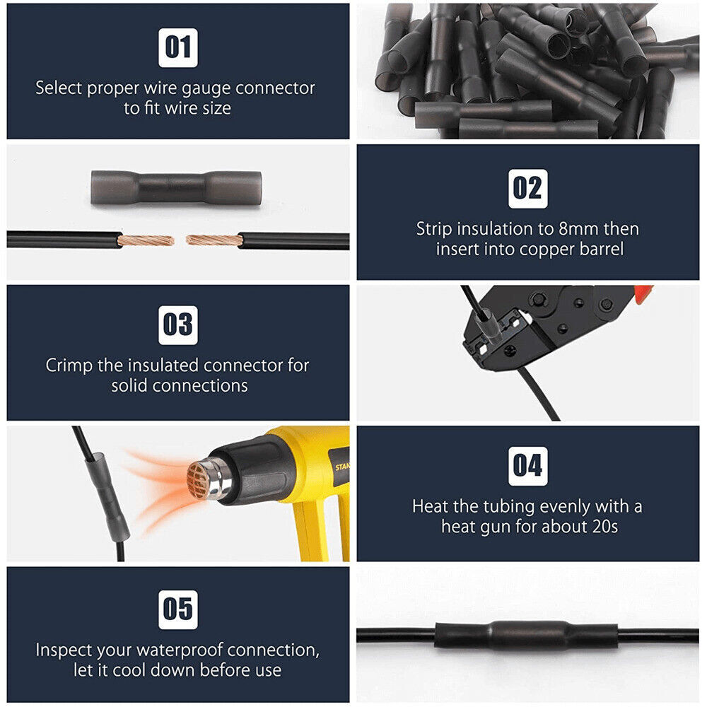 Heat Shrink Butt Wire Splice Connector Crimp Terminals WaterproofBlack 14-12AWG