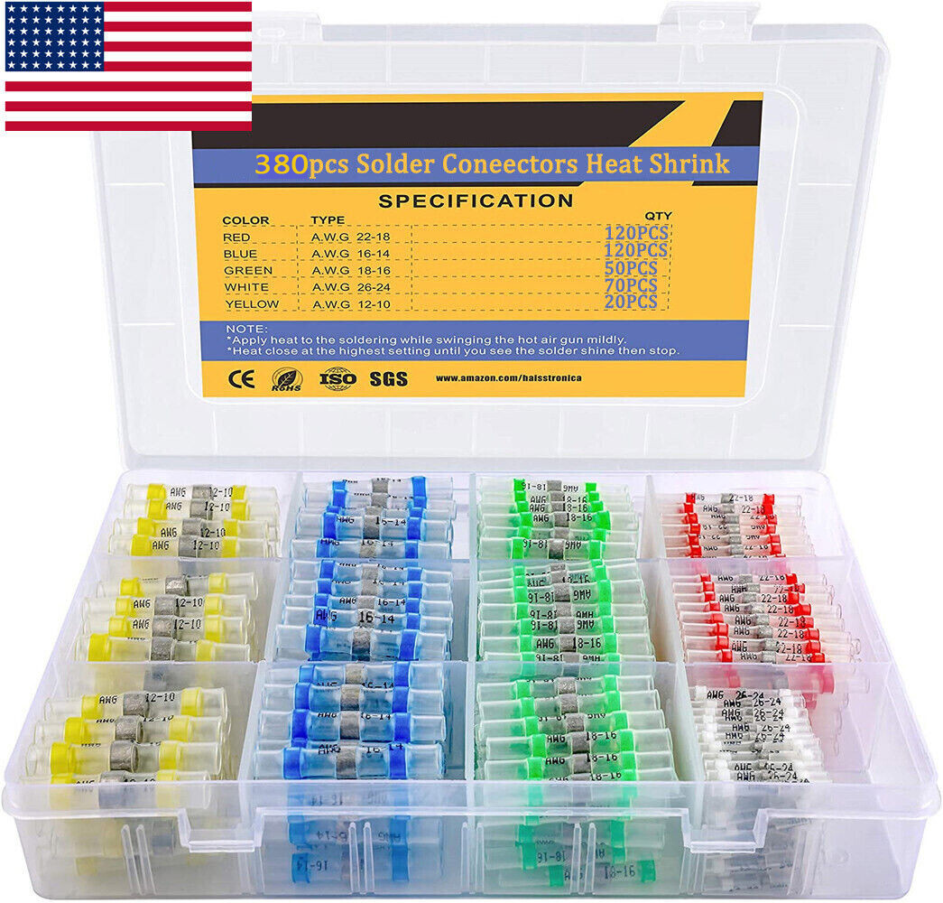 380 Heat Shrink Butt Wire Connectors kit Solder Seal Sleeve Terminals Waterproof