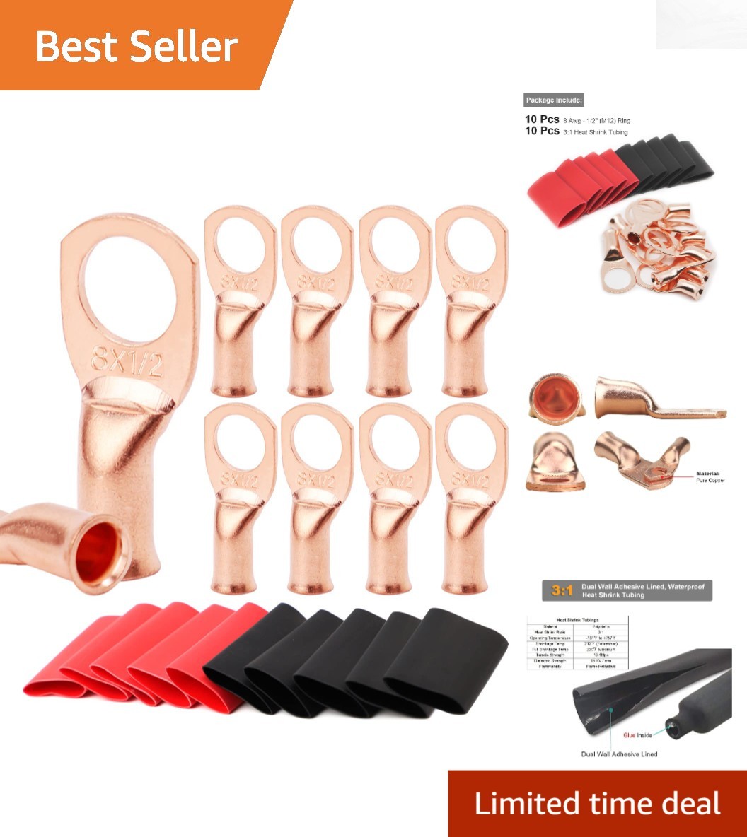 8 AWG-1/2″ Copper Ring Terminals & 3:1 Heat Shrink Tubing for Efficient Wiring