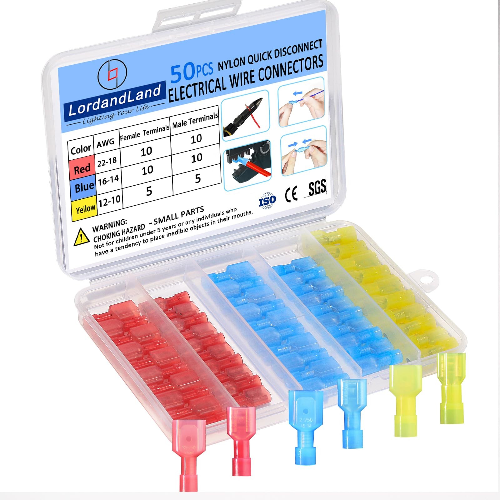 50PCS Quick Disconnect Spade Connectors 22-10 AWG Nylon Insulated Wire Terminals