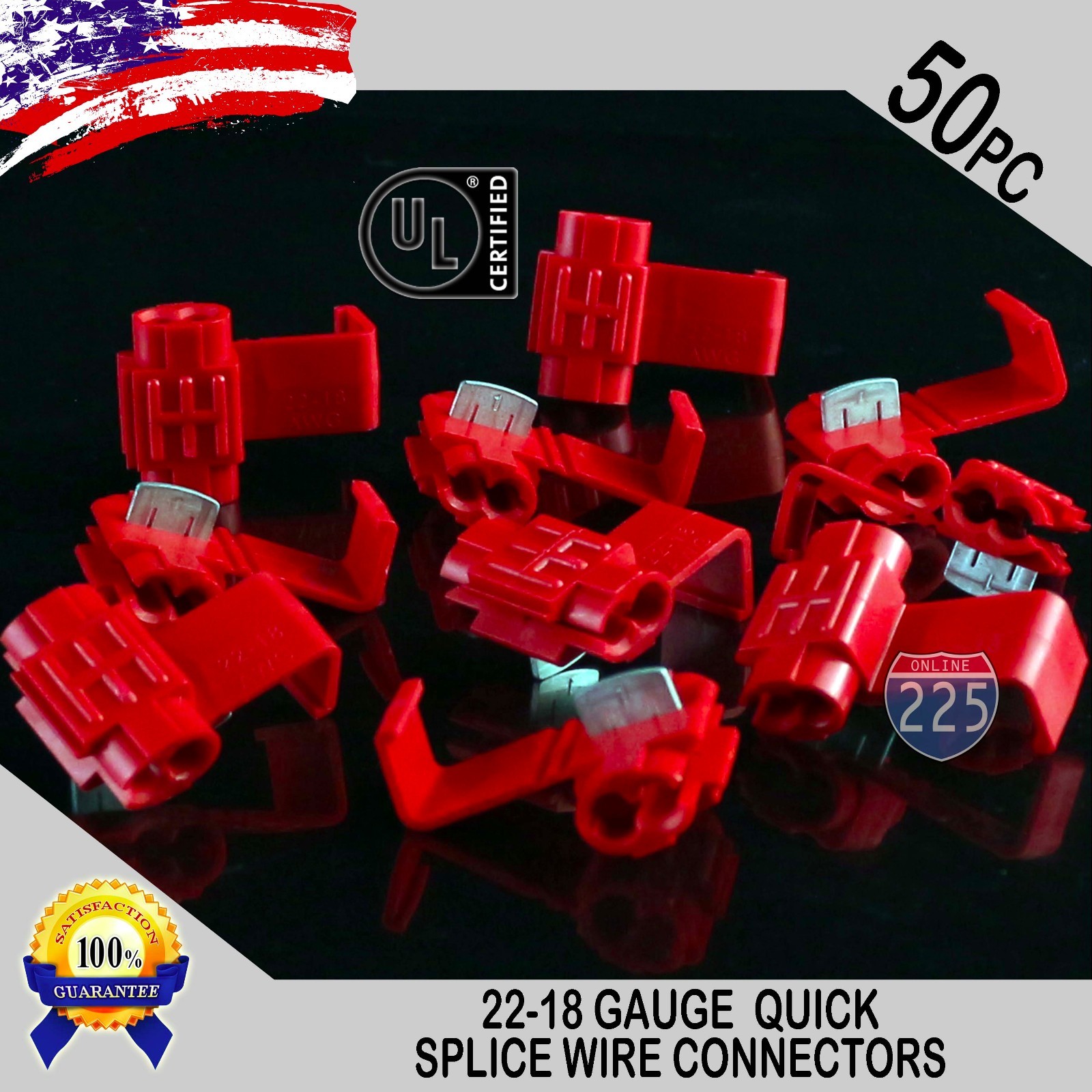 50 Pack 22-18 Gauge Red Quick Splice Tap Wire Connectors Install Terminals UL