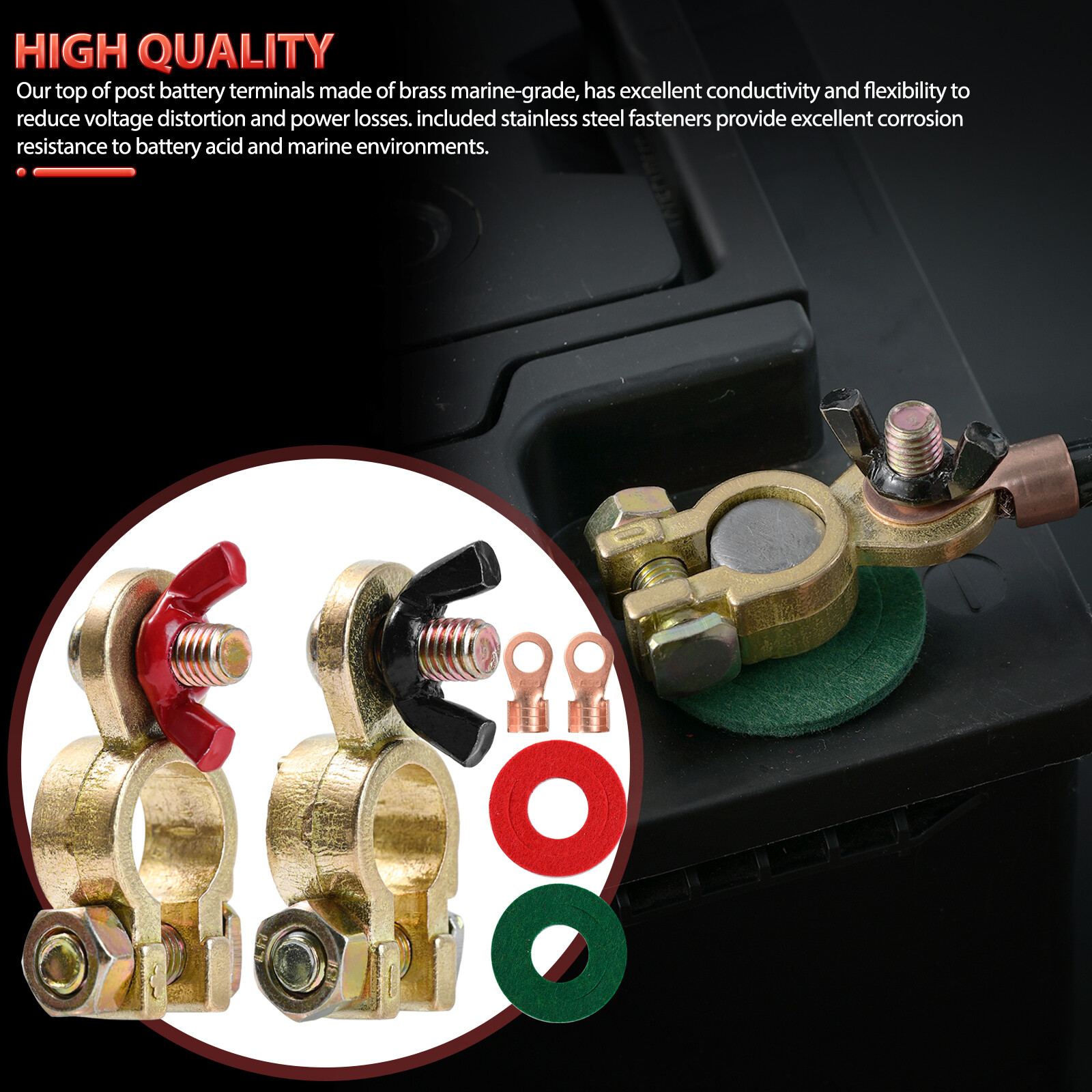 Solid Brass Battery Terminal Connector Top Post End Clamps Set for Car Marine.