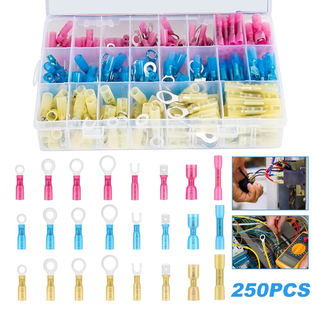 250PCS Heat Shrink Wire Connectors Electrical Terminals Kit Waterproof Marine US