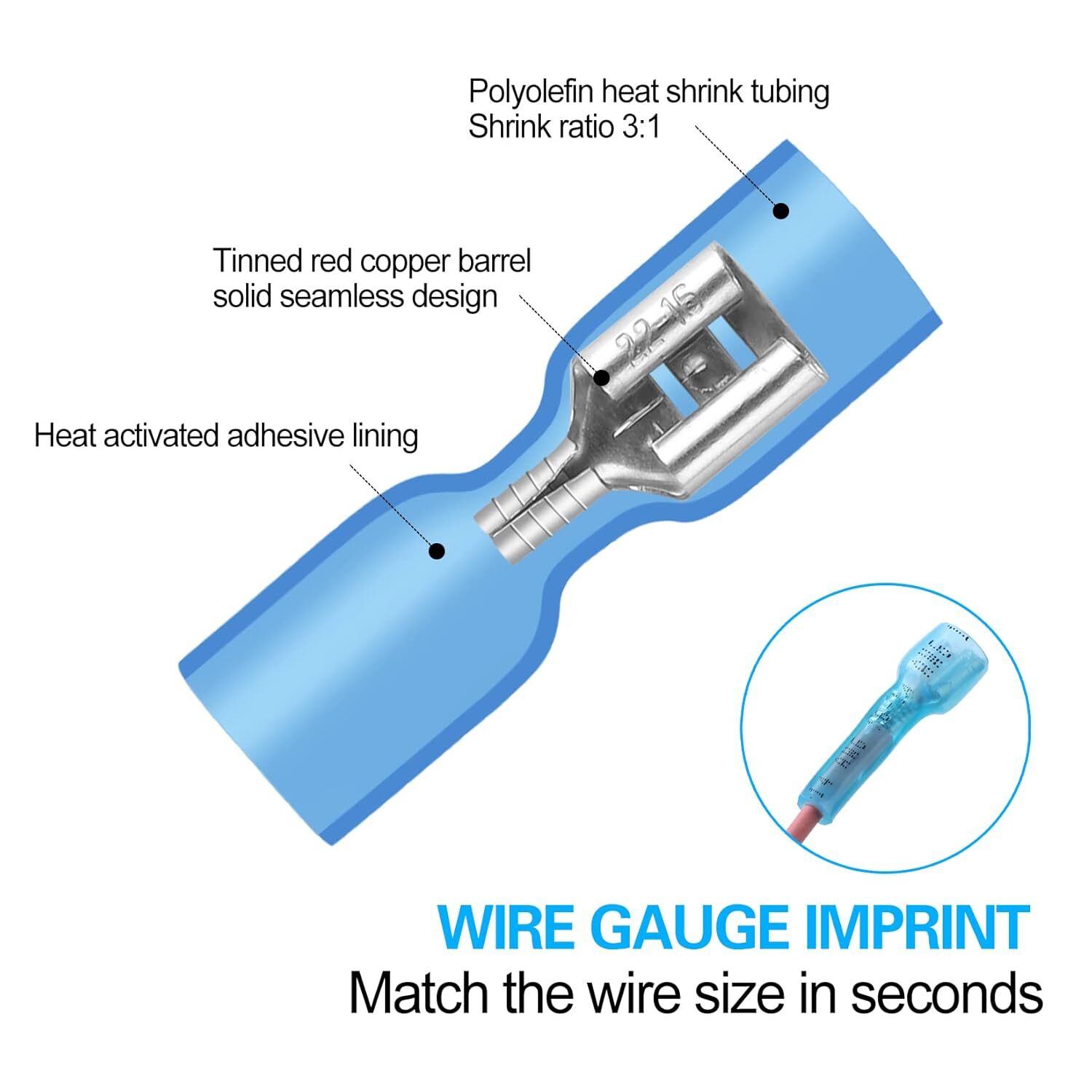 100-500X Spade Heat Shrink Wire Connectors 16-14 AWG Female Crimp Terminals Blue