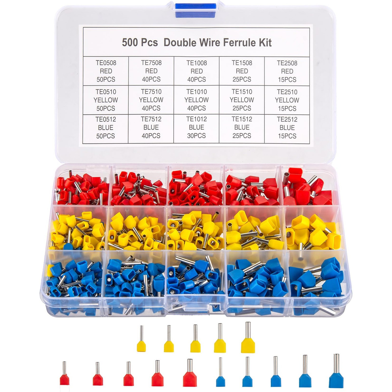 500pcs Double Wire Ferrules Kit – Twin Ferrule Connectors, AWG 14-22