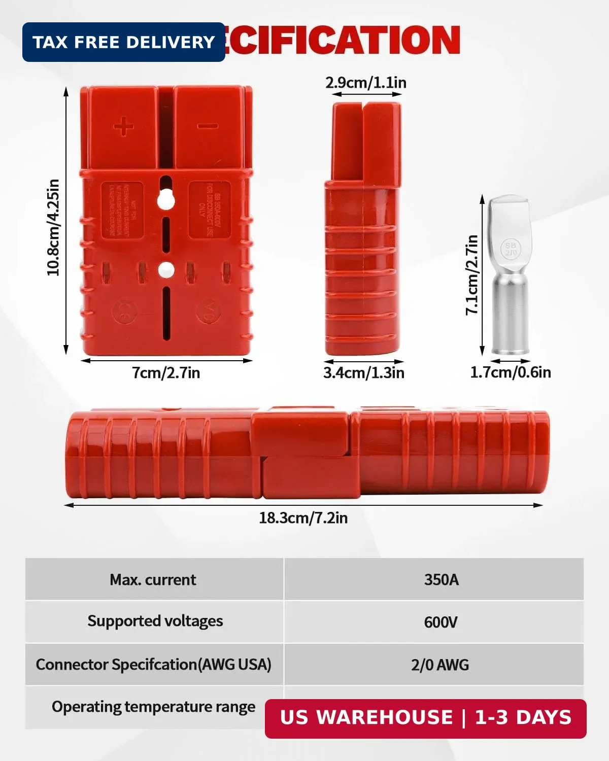 350A-600V Battery Quick Connect/Disconnect with 2/0 AWG, 6 PCS Jumper Cable Plug