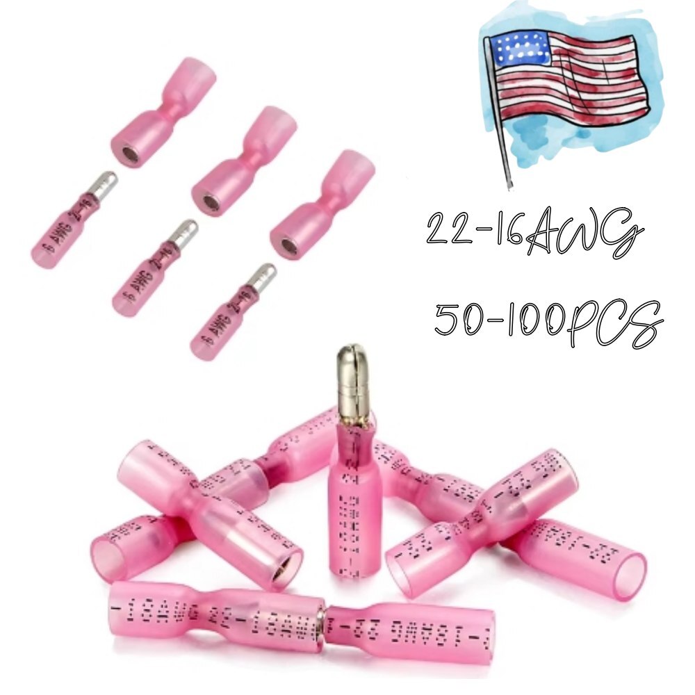 22-16 AWG Heat Shrink Wire Connectors Male Female Bullet Crimp Terminals Red
