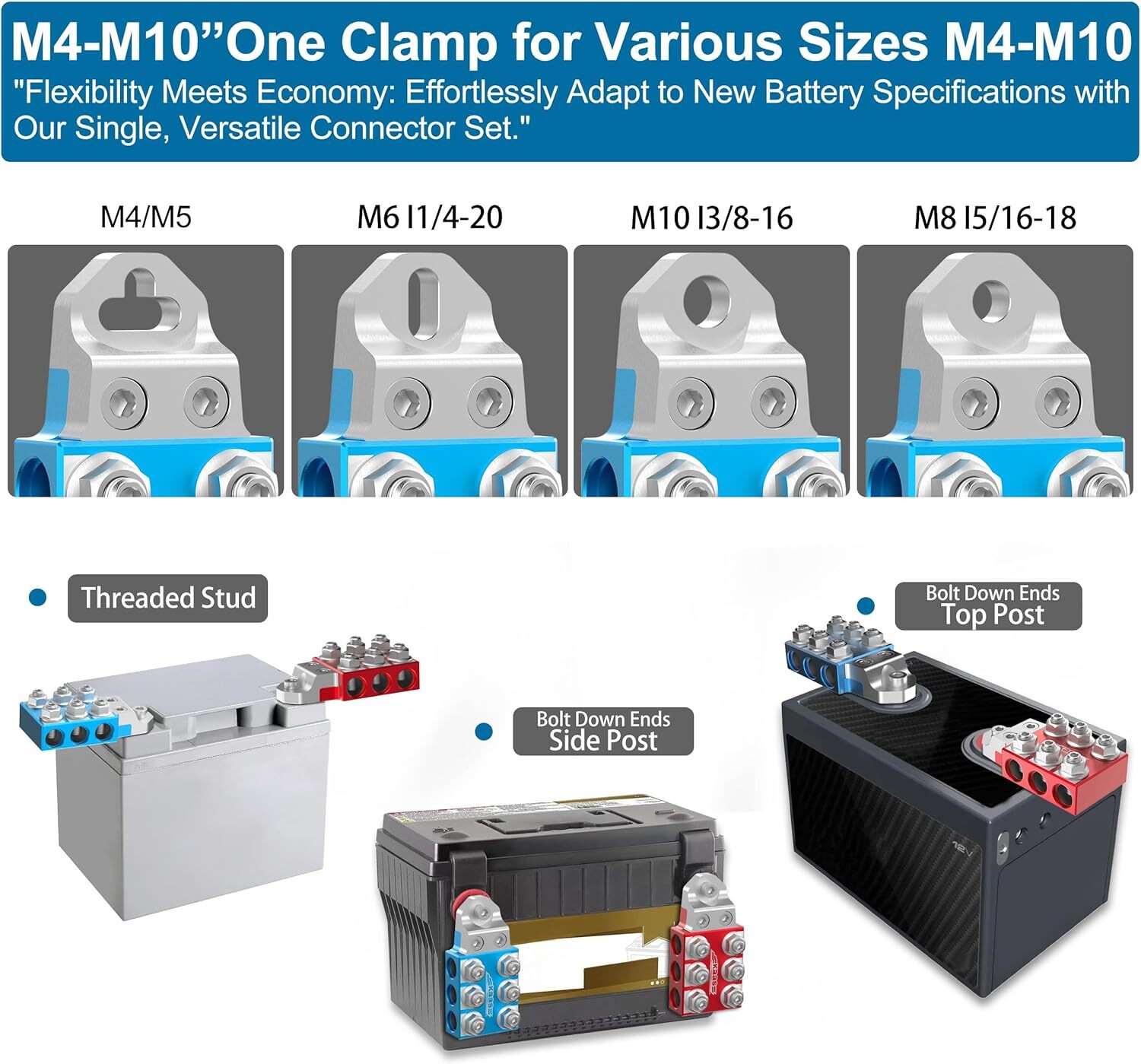 Heavy-Duty Battery Terminals – 8AWG to 4/0 AWG, with Interchangeable Heads M4…