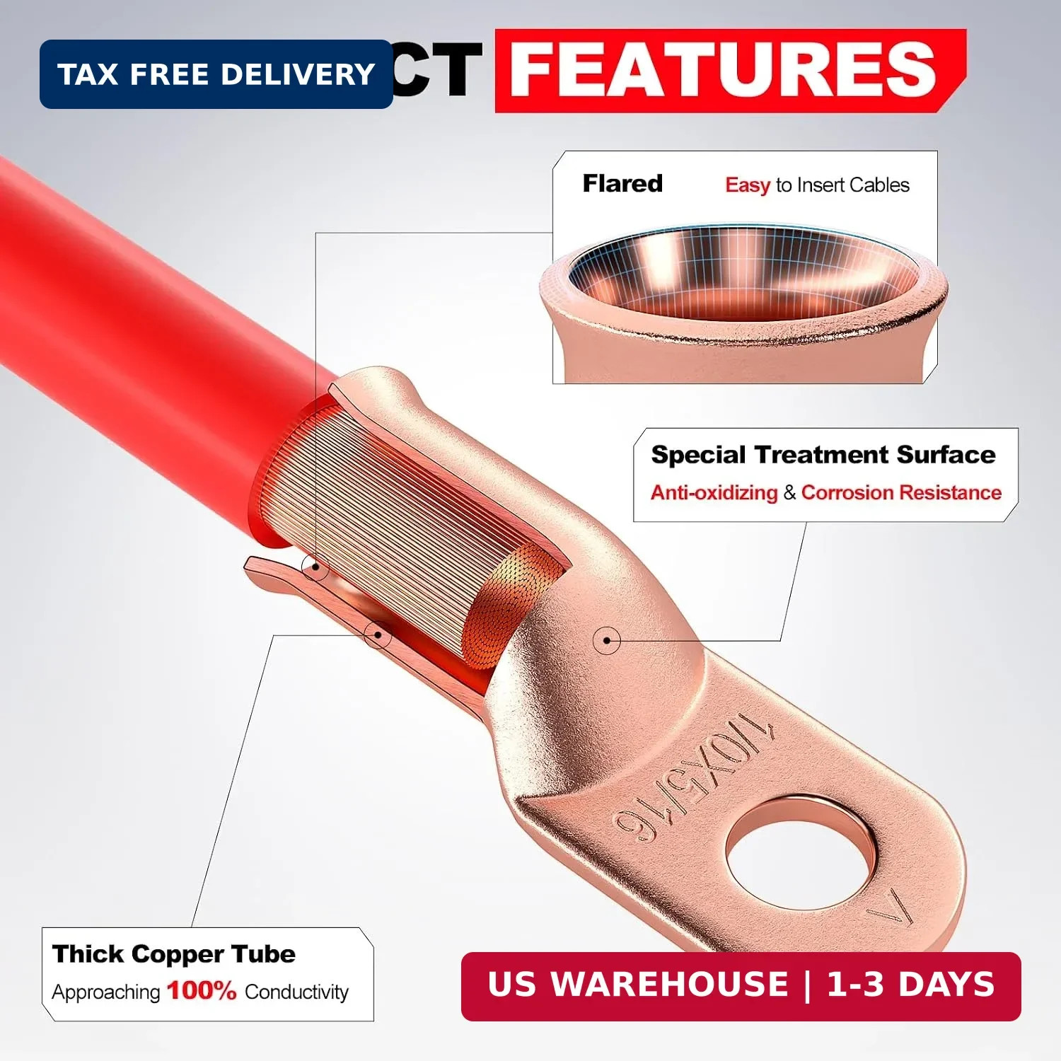 4 AWG/Gauge – 3/8″ Battery Cable Lug Copper Connector Wire Ring Terminal | AIRIC