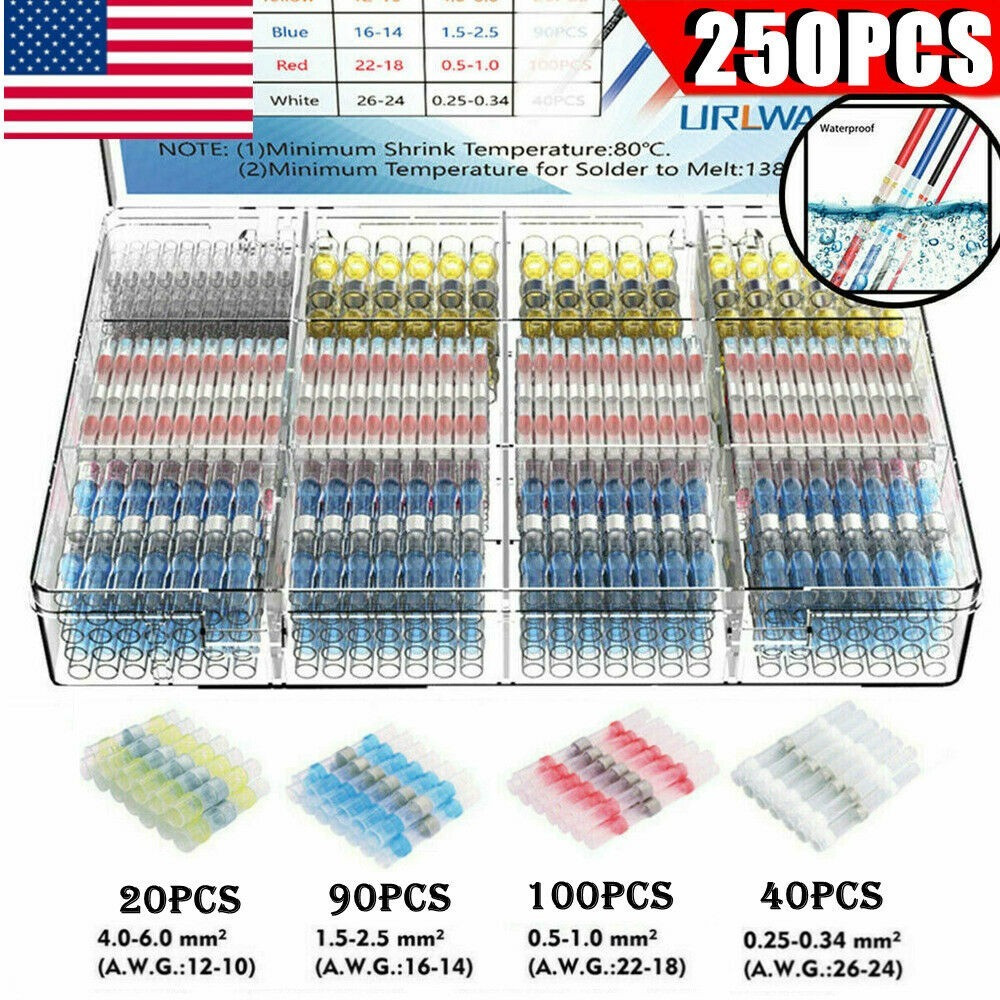 250PCS 26-10 AWG Solder Butt Wire Connectors Heat Shrink Seal Sleeve Terminals