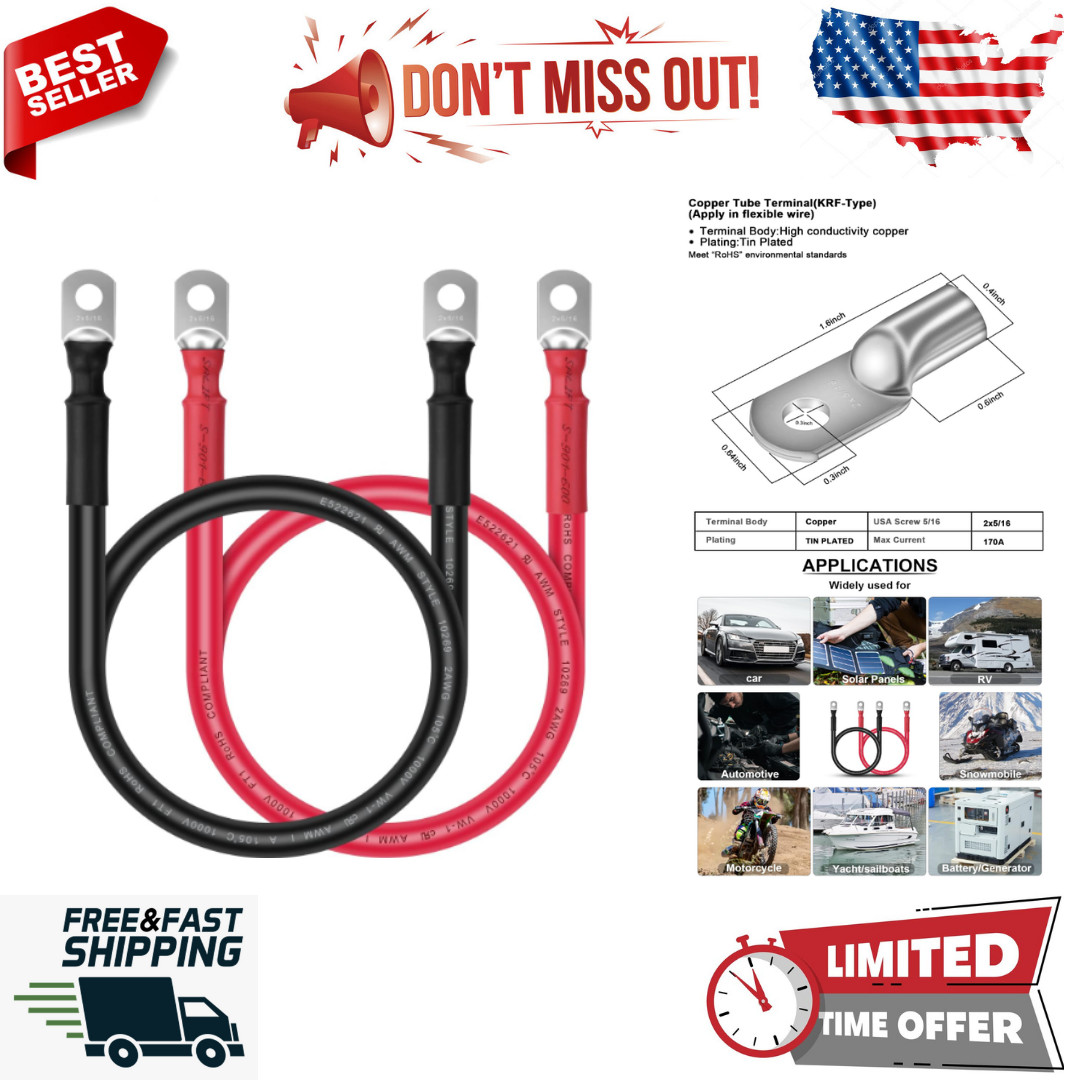 Battery Cable with 5/16″ Lugs Terminals (1ft) -2 Gauge Wire Made with OFC Copper