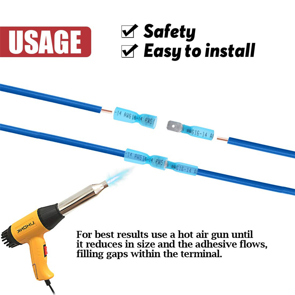 Blue Waterproof Spade Female/Male Heat Shrink Wire Connectors Terminals 16-14AWG