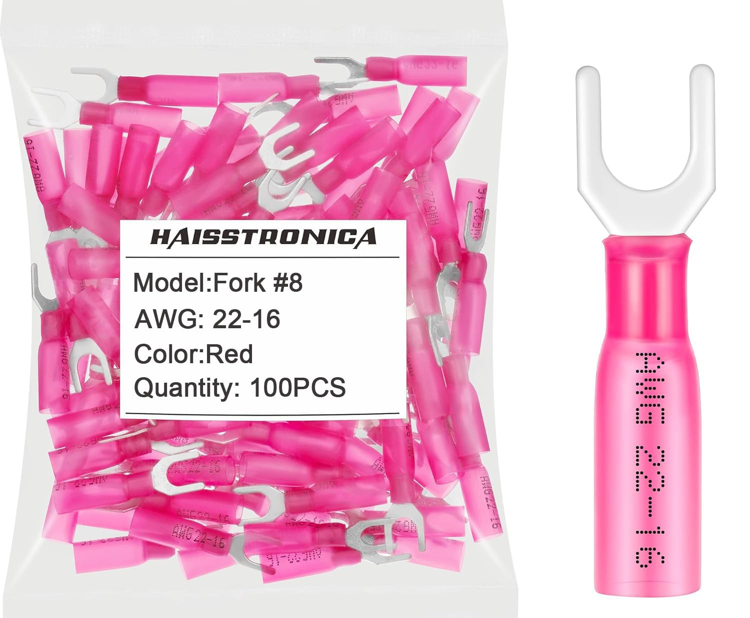 100Pcs #8 Red Marine Grade Heat Shrink Fork Connectors,22-16 Gauge Insulated Ele