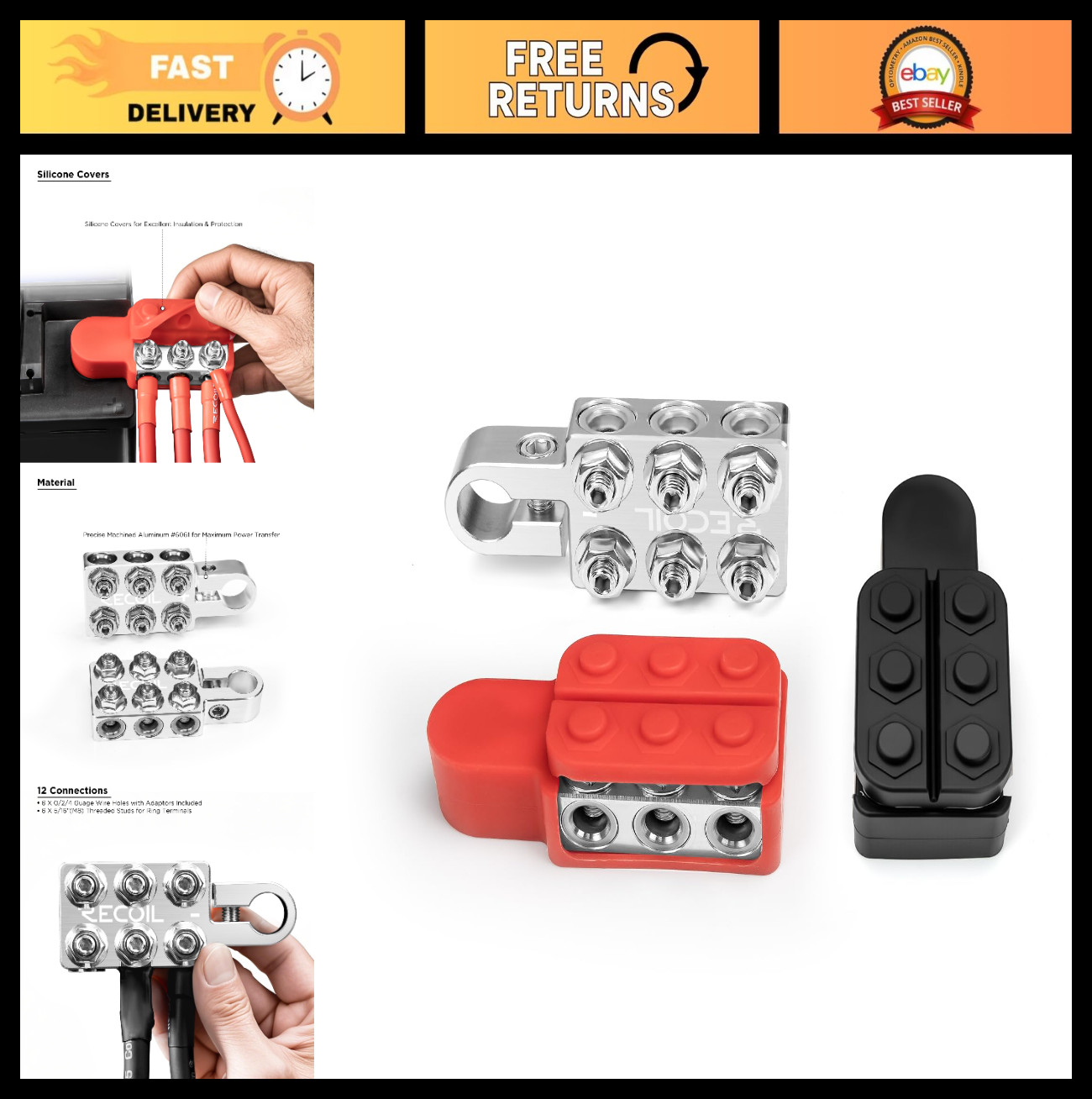 12-Way Battery Terminals Top Post for SAE/DIN/EN | 0/2/4 Gauge Holes & M8 Studs
