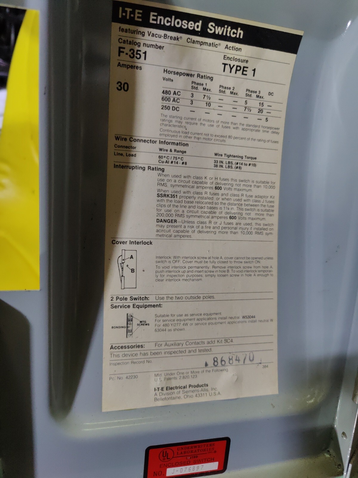 ITE SWITCH F-351 Vacu-Break Fusible Safety Switch DISCONNEC 30Amp 600VA