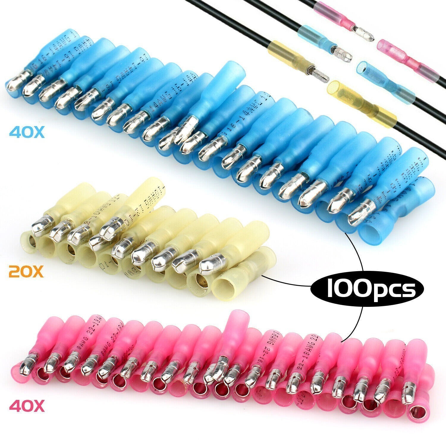 100-200pcs Heat Shrink Bullet Wire Connectors 22-10AWG Male Female Crimp