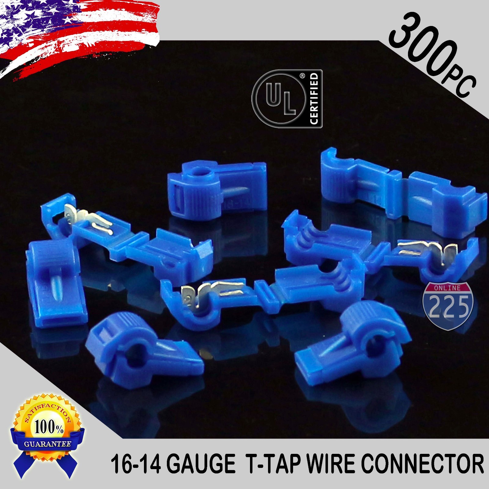 300 Pack T-Taps Blue 16-14 AWG Gauge Quick Slide Connectors Car Audio Alarm UL