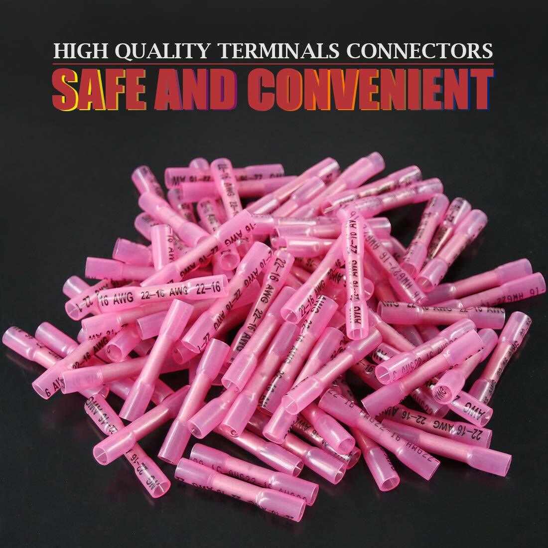 500Pcs Red AWG Heat Shrink Butt Wire Connectors Crimp Terminals 16-22 Gauge US