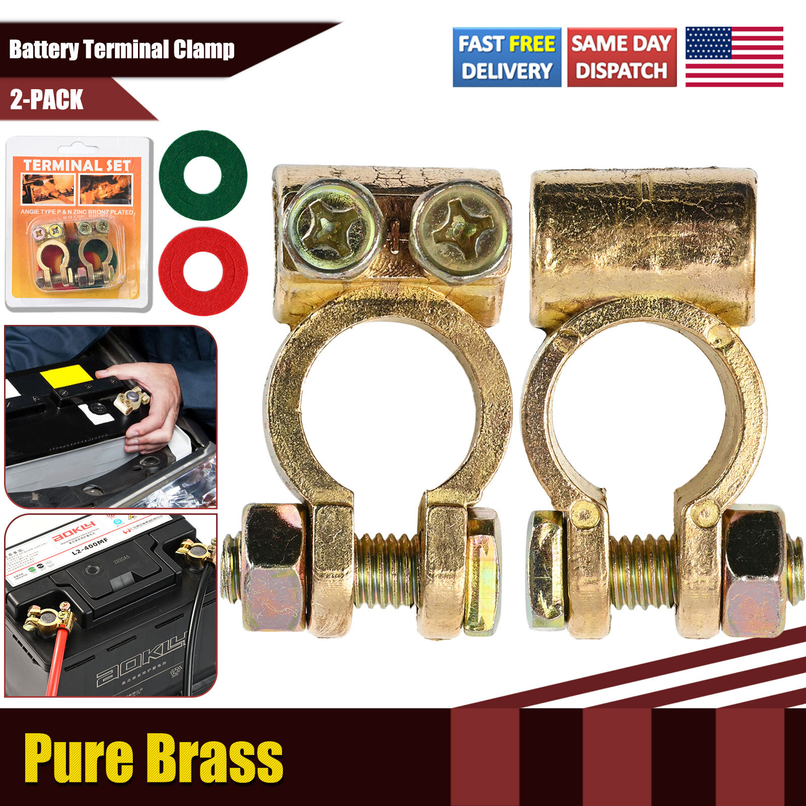 2x Pure Brass Battery Terminals Connectors Clamps Top Post Protector w/ Washer