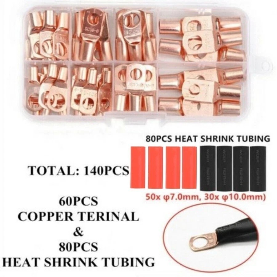 Battery Cable Lug Crimping Tool 10-1 AWG/W 140PC Copper Ring Terminal Heavy Duty