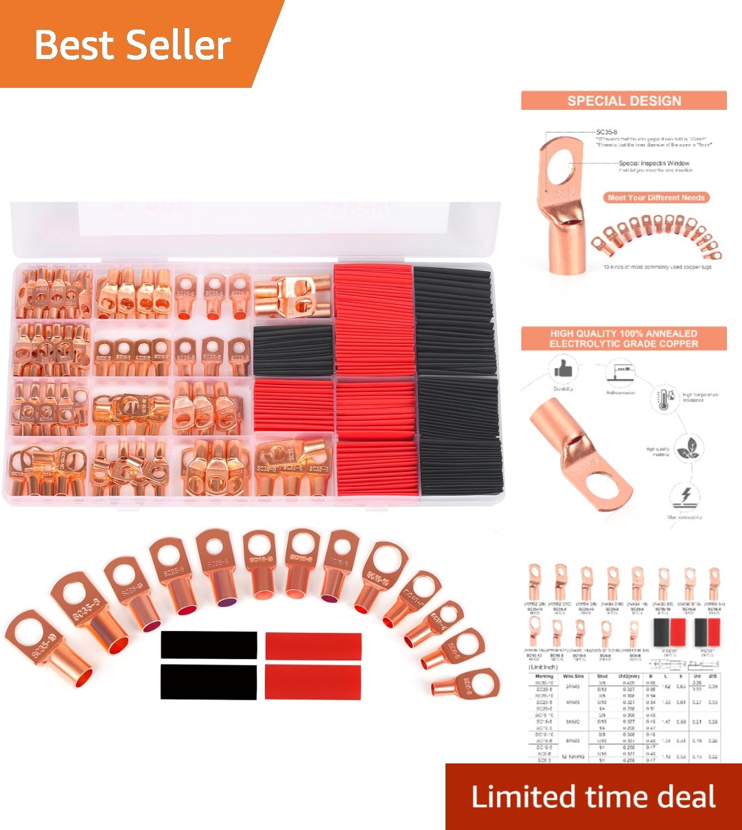 Heat Shrink + 260 PCS Copper Wire Lugs & Ring Terminals for Safe Connections