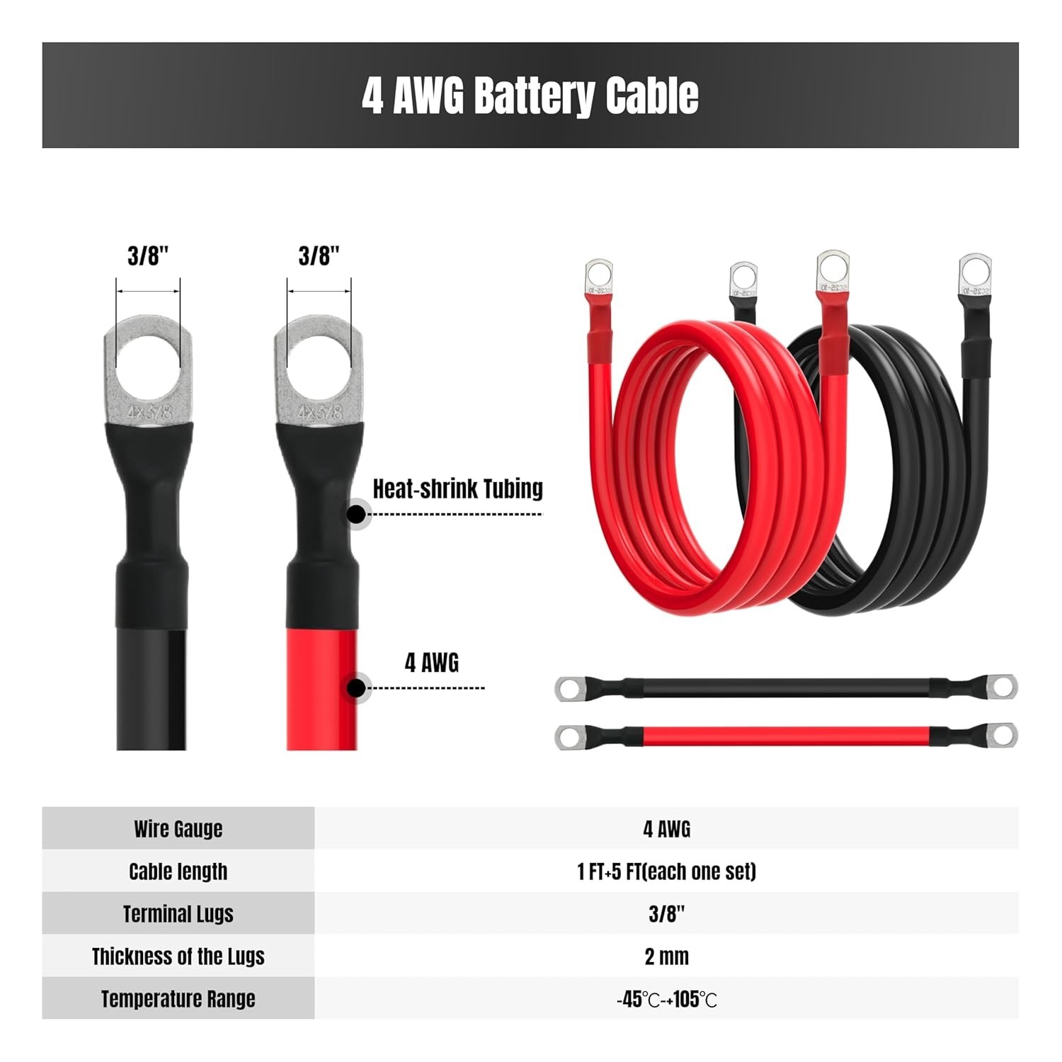 Battery Cable 4 AWG with 3/8 inch Lugs for RVs,Solar,Campers,Cars (1FT + 5FT)