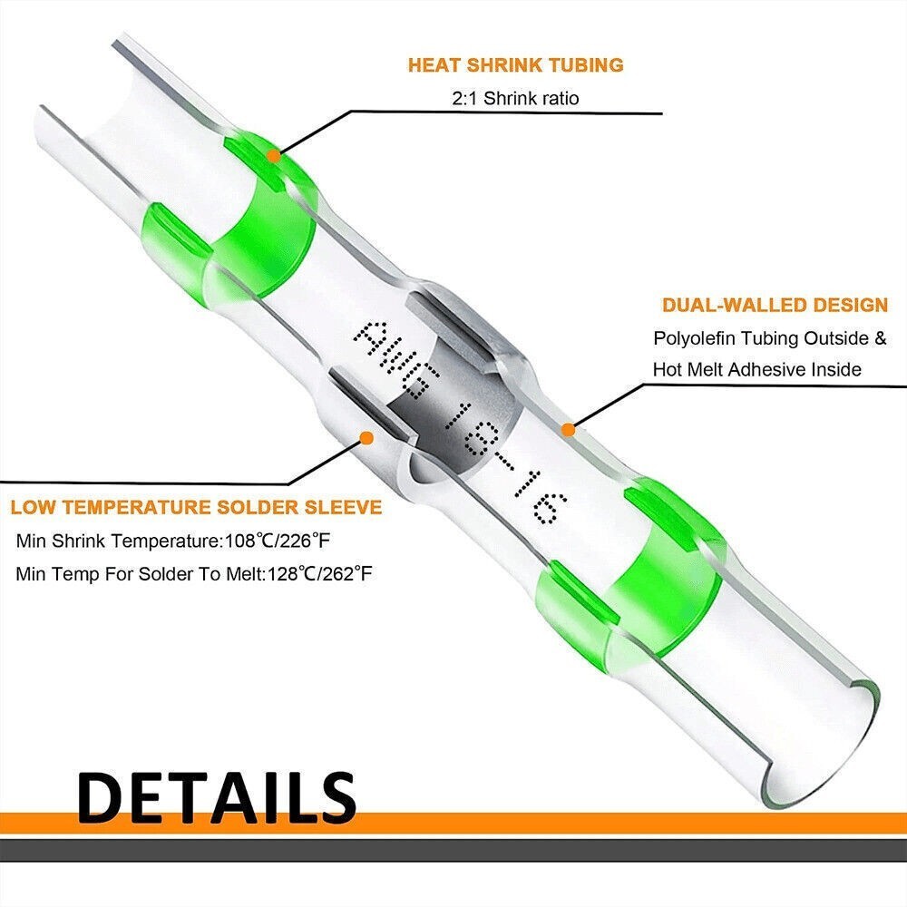 Waterproof Solder Seal Sleeve Heat Shrink Butt Wire Connectors Splice Terminal