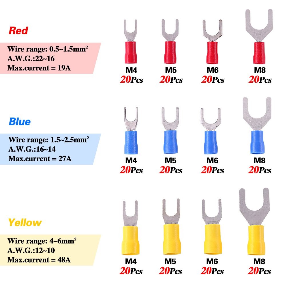 240Pcs 22-16/16-14/12-10 Gauge Fork Spade Quick Splice Crimp Terminals Connector