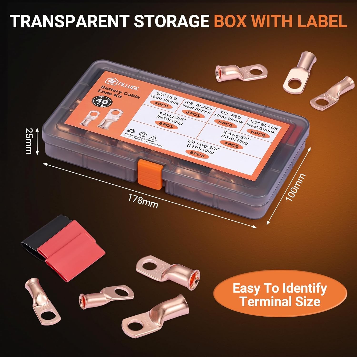 40Pcs Battery Cable Ends Kit,1/0 AWG 2 AWG 4 AWG Copper Lugs,0 Gauge 00 Gauge He