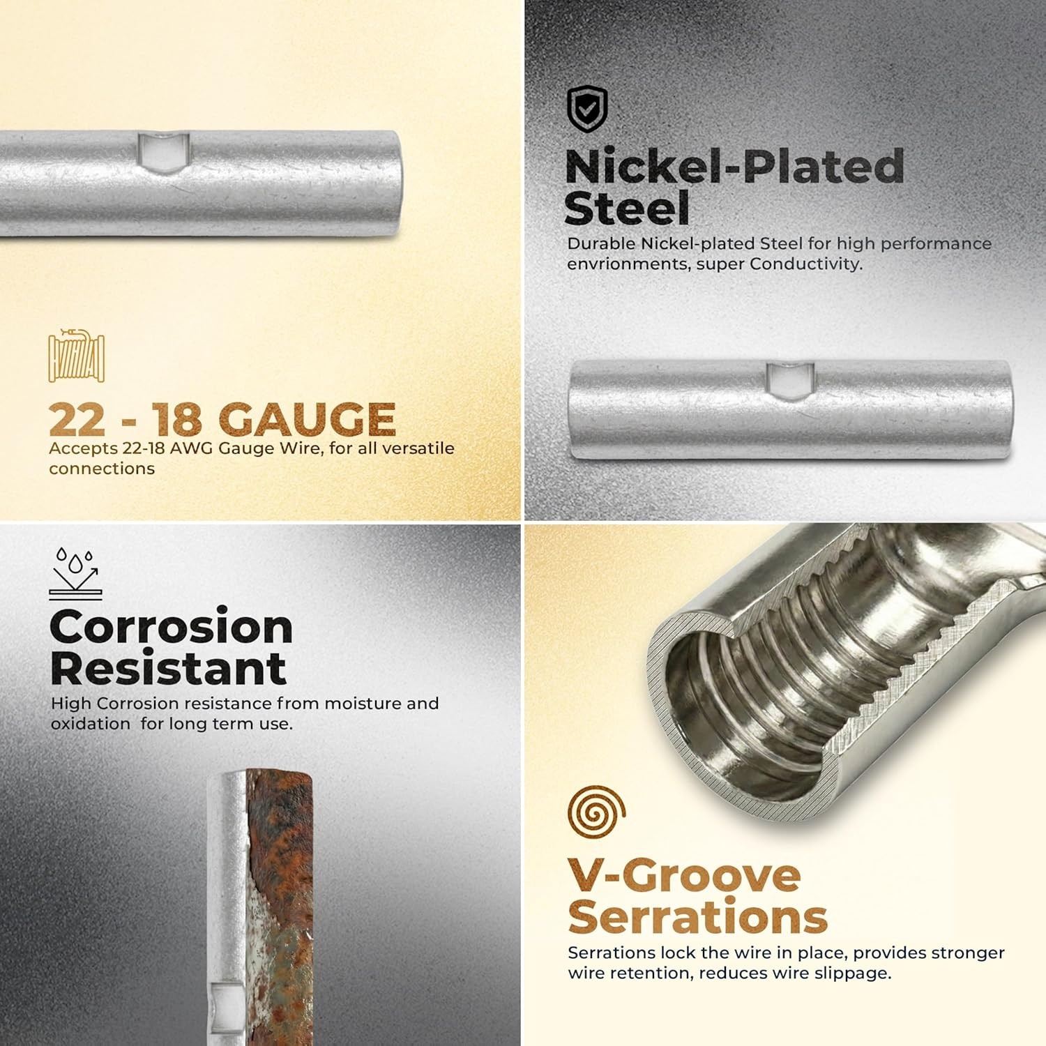 100 Pcs Non-Insulated 22-18 Gauge Seamless Butt Connectors – Pure Copper for Cor