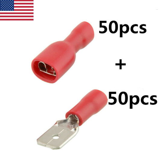 100pcs 6.3mm Spade Terminal 22-16AWG Wire Connector Quick Disconnect Female Male
