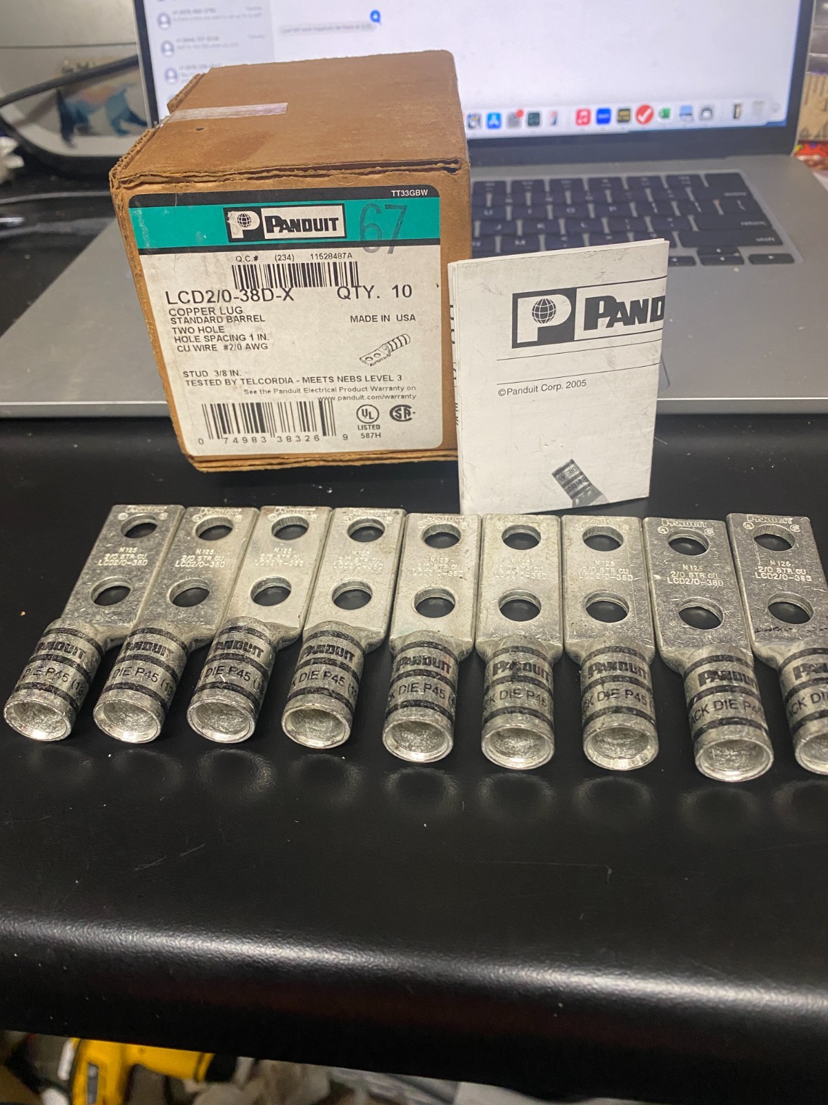 Panduit LCD2/0-38DX, 2/0 AWG Copper, 3/8″ Stud, Compression Cable Lug, 9 pieces