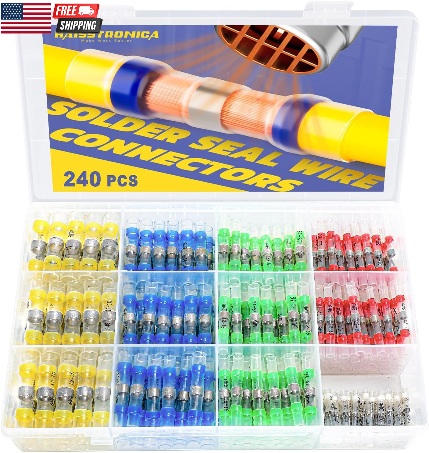 240PCS Solder Seal Wire Connectors Kit Marine Grade Waterproof Heat Shrink Butt