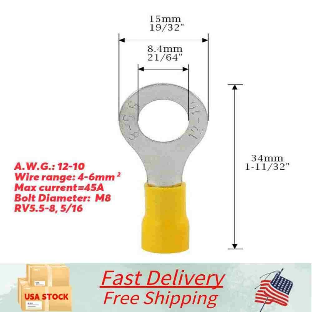 50/100x 12-10AWG Wire Ring Terminals Vinyl Car Audio Crimp Connectors M5-M10
