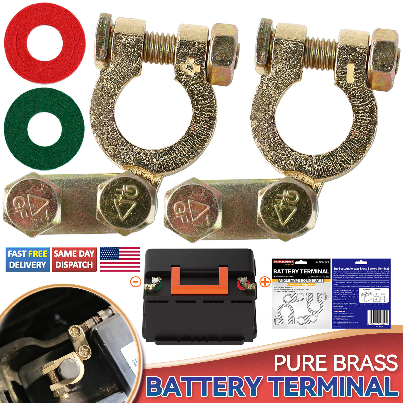 Pure Brass Car Battery Terminals 12V-24V Positive Negative Connectors Clamp Clip