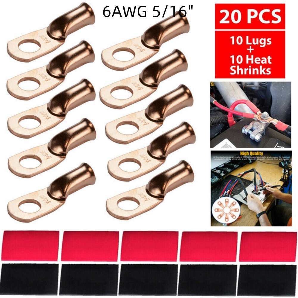 (10) 6AWG Gauge Copper Ring Terminals 5/16″ RED/BLACK Heat Shrink Tubing LUGS