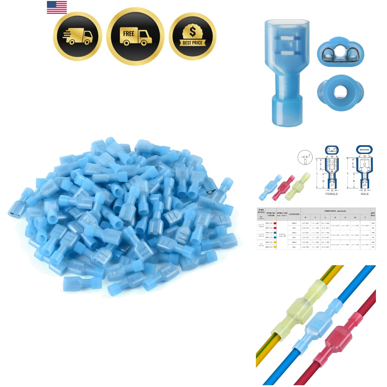 100 Pcs Blue Nylon Female Spade Connectors 16-14 AWG Quick Disconnect Wire Te…