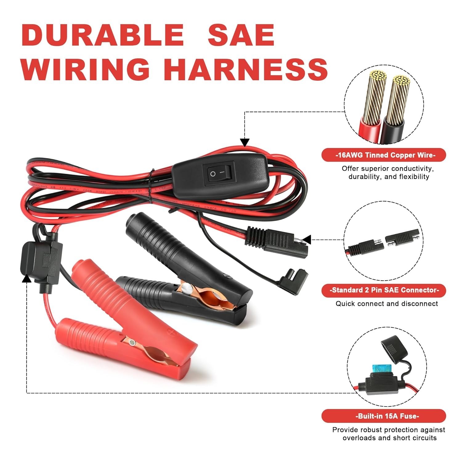 SAE Battery Alligator Clips Wire Harness with On/Off Switch 7.9Ft/2.4M 16AWG, 12