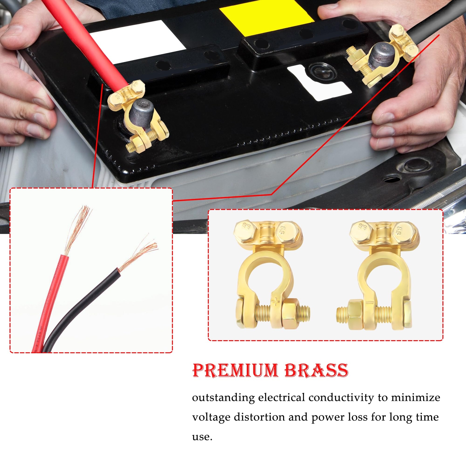 2PCS Positive & Negative Battery Terminal Connectors,Brass Battery Cable Ends