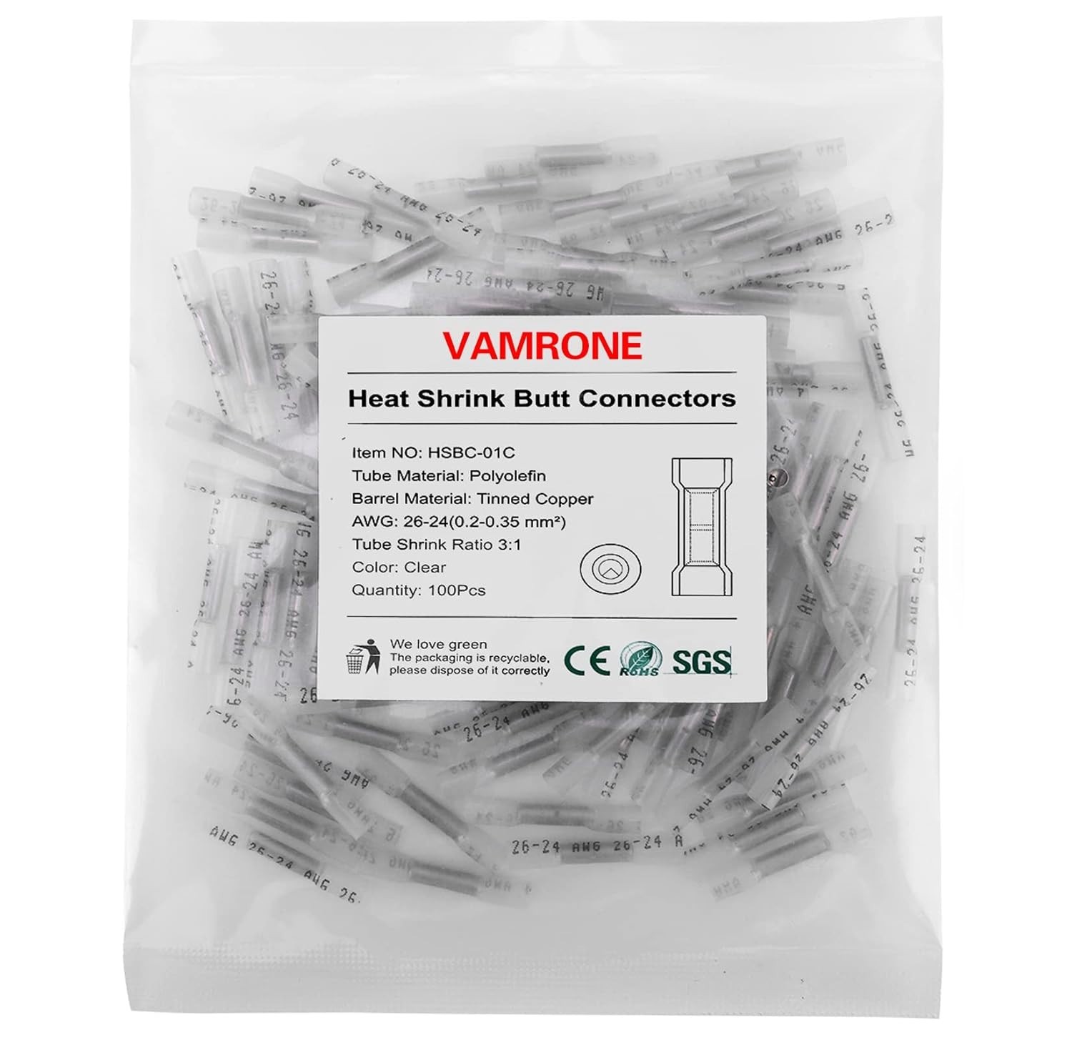 Waterproof Heat Shrink Butt Splice Connectors – 100PCS, Clear, 26-24 AWG