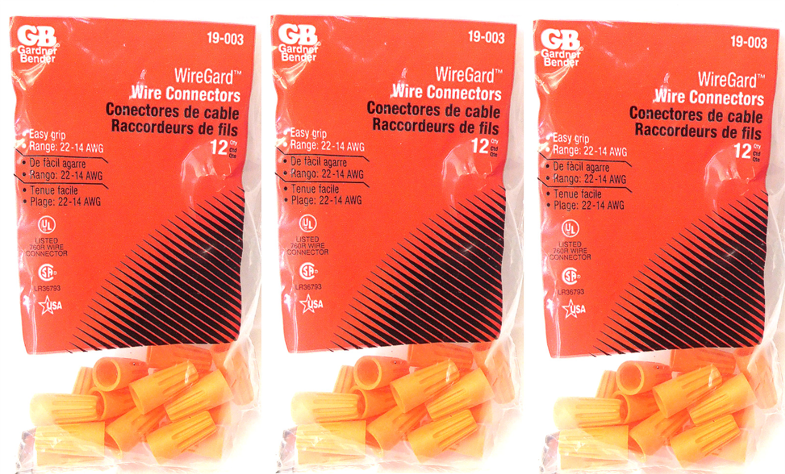 Gardner Bender 19-003 WireGard Orange 22-14 AWG Wire Connectors 3 Bags of 12 USA