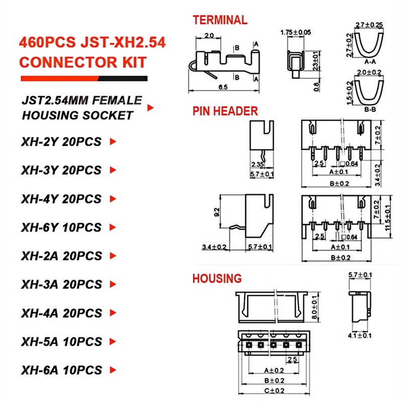 460PCS JST PH2.0mm/XH 2.54mm Pitch Connector Assortment Kit 2/3/4 Pin