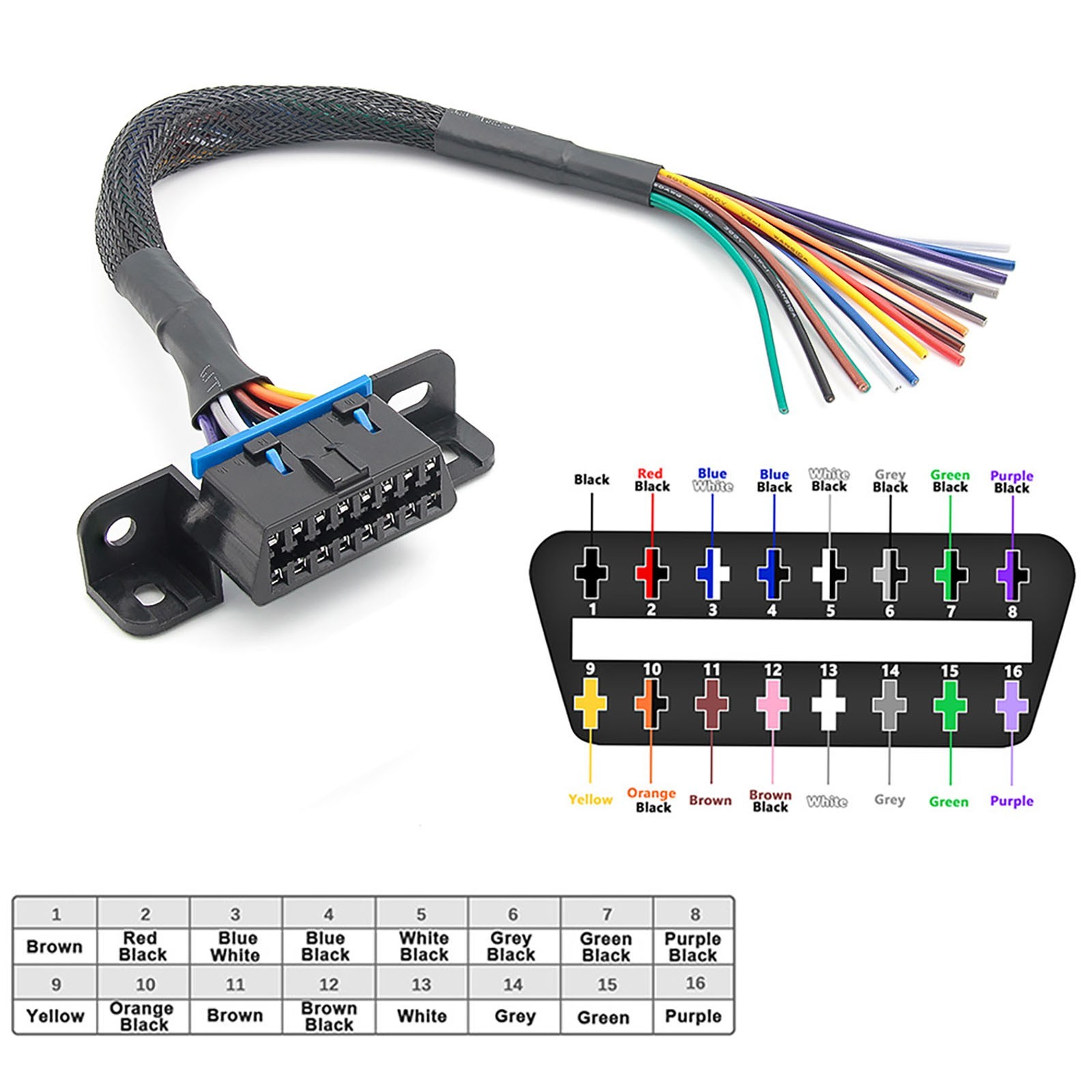 16 Pin OBD2 Female Connector to Open Cable Dash Port Pigtail Fixed Wire NEW